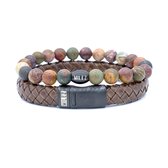 Milez - Armband set mannen - armband heren leer kralen - Bruin/multi - Maat M