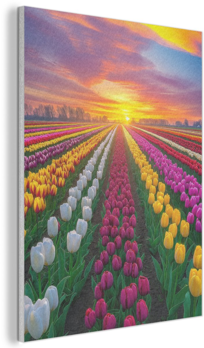 Akoestisch wandpaneel 50x70 cm - Vilt schilderij Tulpenveld - Zonsondergang - Kleurrijk - Akoestische panelen - Geluidsdempende wanddecoratie - Geluidsisolatie woonkamer - Muurdecoratie geluidspanelen