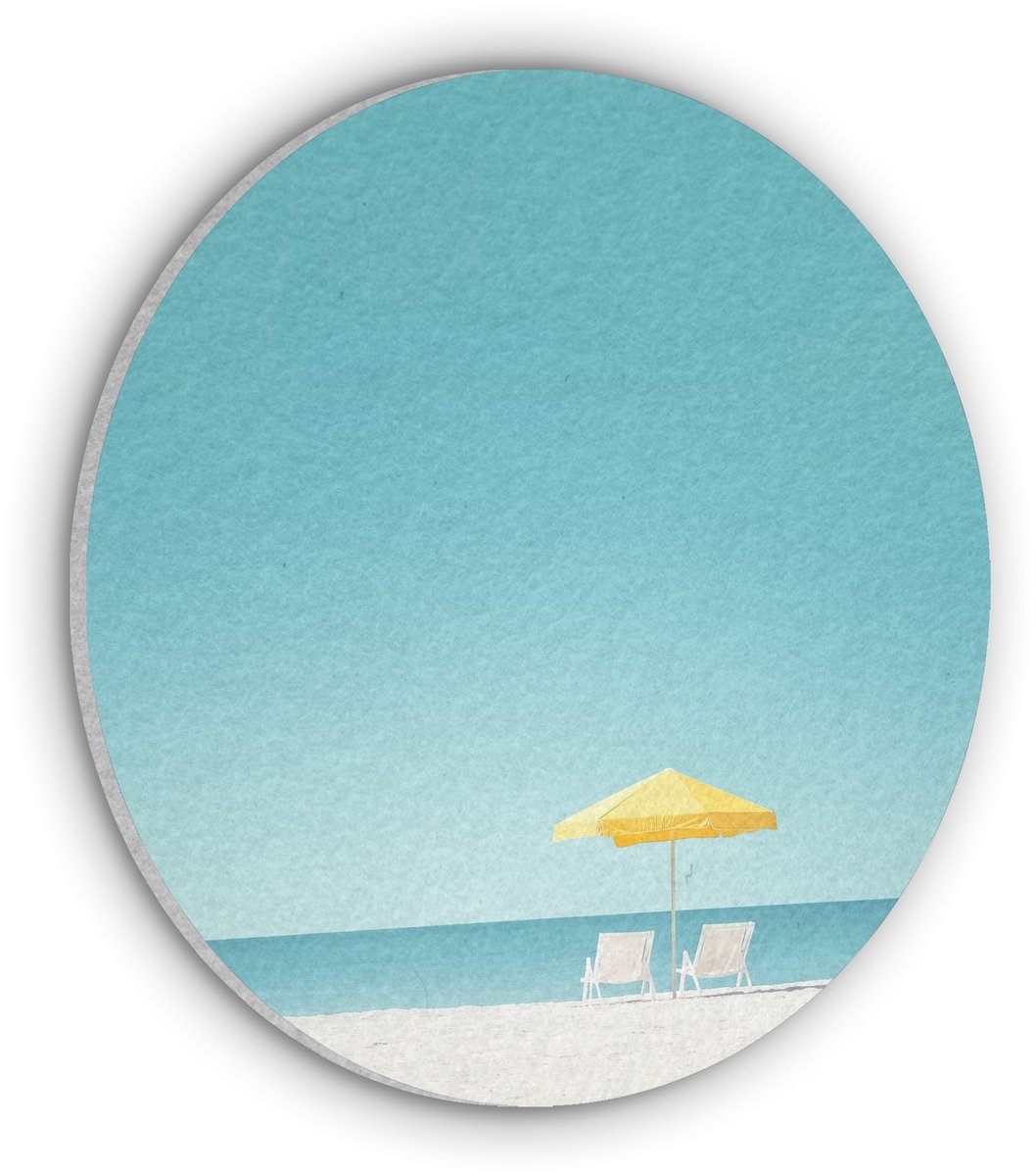 Akoestisch wandpaneel rond 80x80 cm - Vilt schilderij Strand - Blauwe lucht - Geel - Parasol - Ronde akoestische panelen - Geluidsdempende wanddecoratie - Geluidsisolatie wandcirkel - Muurdecoratie geluidspanelen