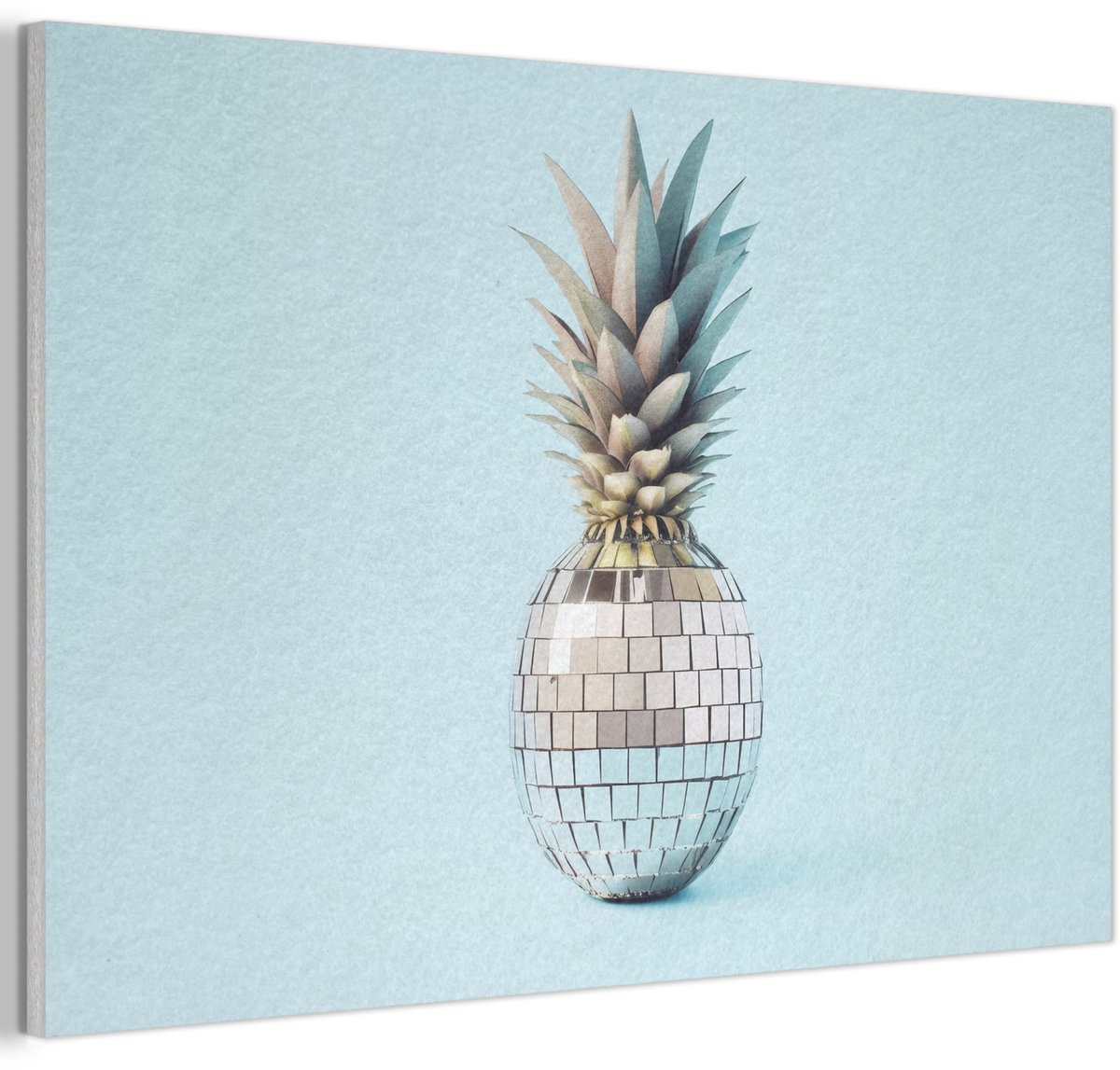 Akoestisch wandpaneel 90x60 cm - Vilt schilderij Blauw - Ananas - Disco - Discobal - Akoestische panelen - Geluidsdempende wanddecoratie - Geluidsisolatie woonkamer - Muurdecoratie geluidspanelen