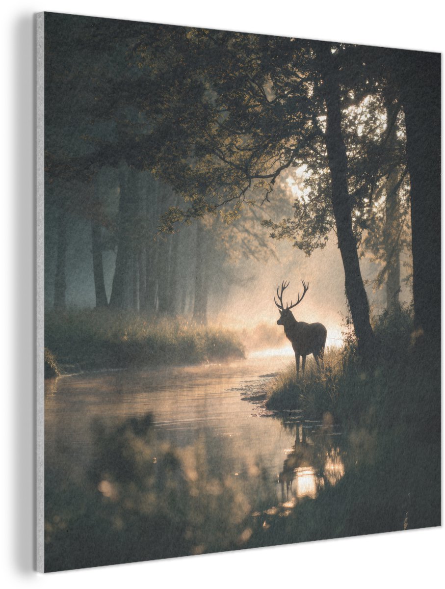 Akoestisch wandpaneel 50x50 cm - Vilt schilderij Hert - Bosbeek - Mystiek - Akoestische panelen - Geluidsdempende wanddecoratie - Geluidsisolatie woonkamer - Muurdecoratie geluidspanelen