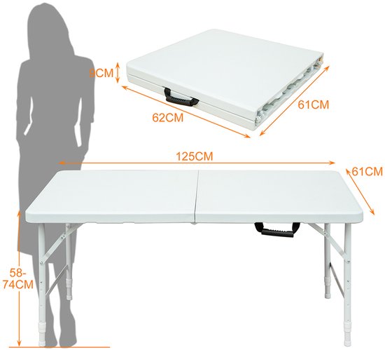 BLACKCOLORS - Klaptafel - 125 cm - Robuust & Draagbaar - Met Handvat - Opvouwbaar - Verstelbare Hoogte - Multifunctioneel (Kamperen/Picknick/Feesten) - Binnen/Buiten - Draagvermogen 135 kg - Wit — afbeelding 3