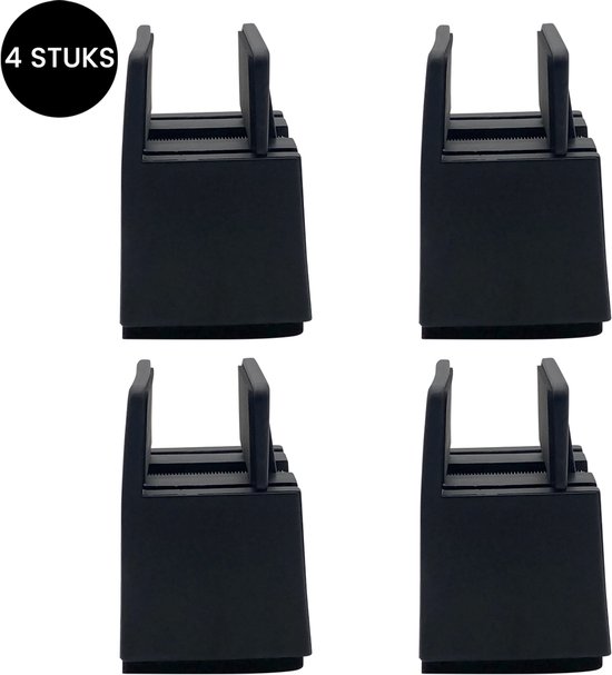 Vier zwarte meubelverhogers met tekst '4 STUKS'.