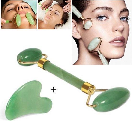 Quality4Less Jade Roller Gezichtsmassage Roller - Met Gua Sha Schraper - Groen