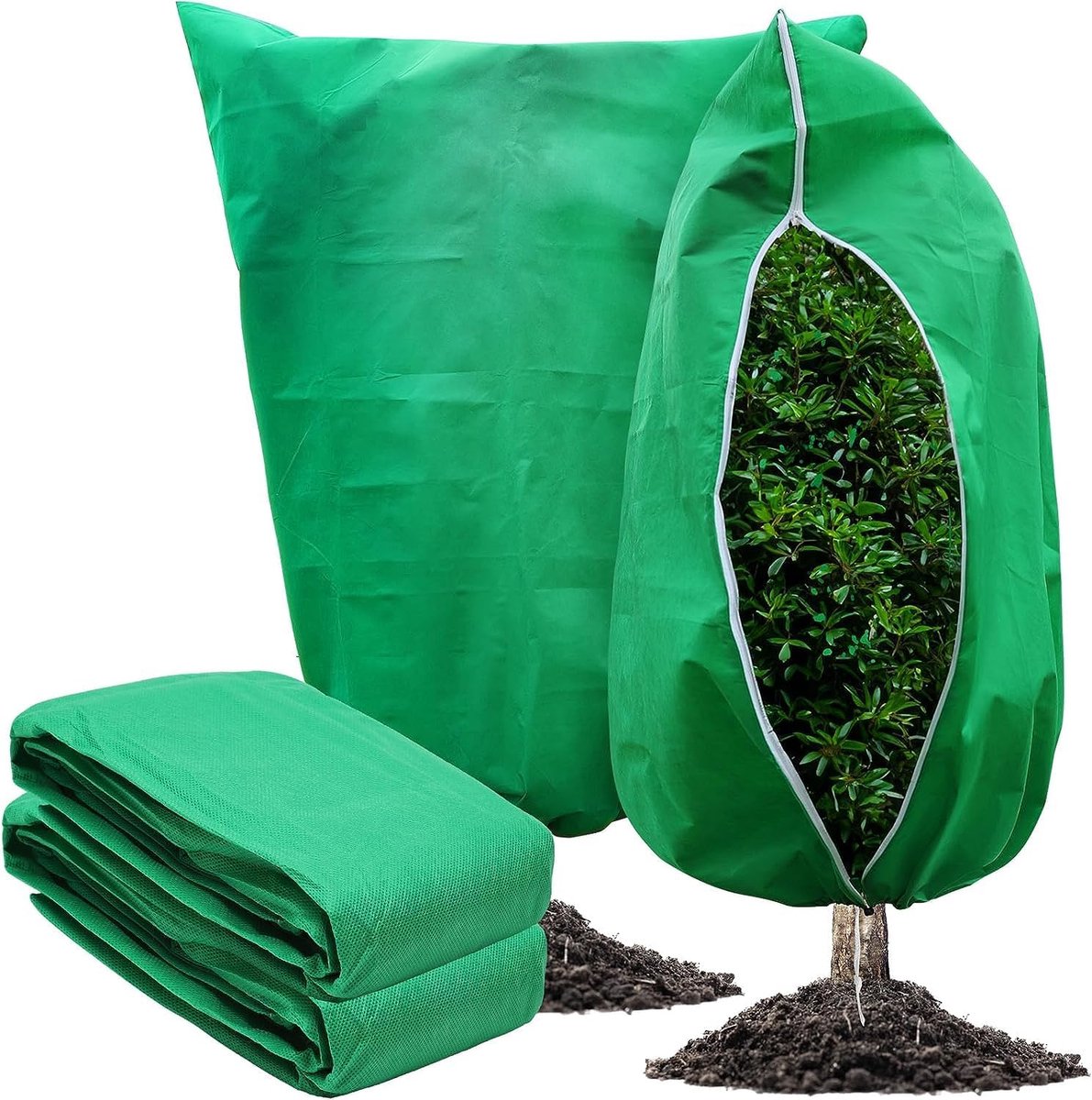 3-delige winterhoes voor buitenplanten, 100x80cm, 70g/m², scheurvast, herbruikbare winterbescherming voor planten met ritssluiting, groene beschermhoezen voor palmbomen