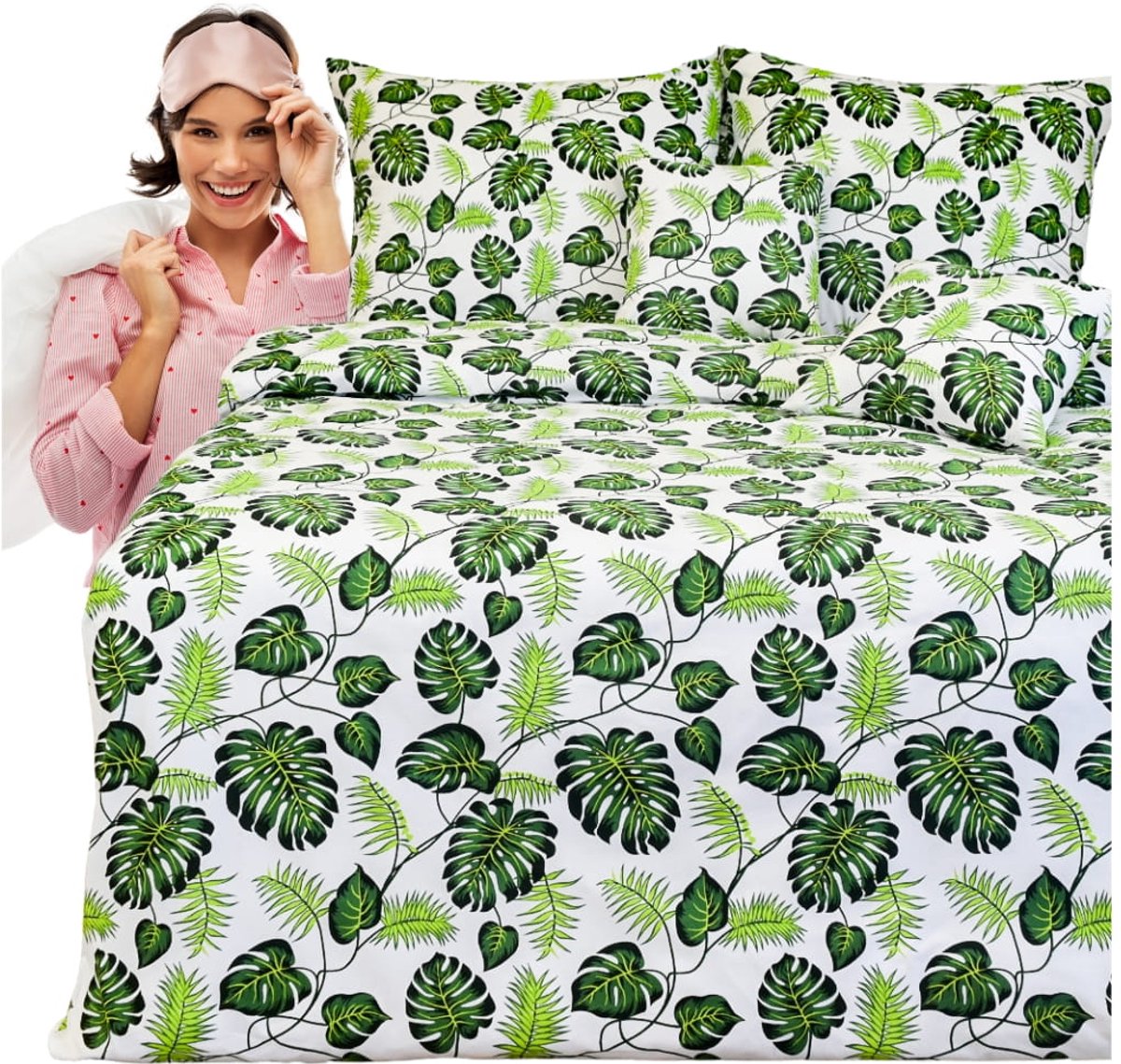 Katoenen Dekbedovertrek Set 160x200cm met Palmbladeren - Groen op Wit