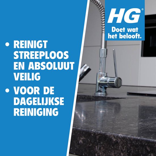 Een aanrechtblad van donkere natuursteen met een kraan. Tekst: 'Reinigt streeploos en absoluut veilig. Voor de dagelijkse reiniging.'