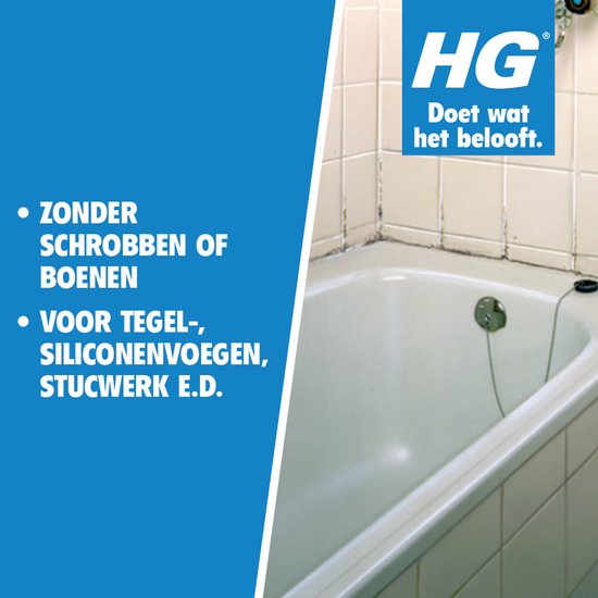 Badkuip met betegelde muur, met de tekst "ZONDER SCHROBBEN OF BOENEN" en "VOOR TEGEL-, SILICONENVOEGEN, STUCWERK E.D."