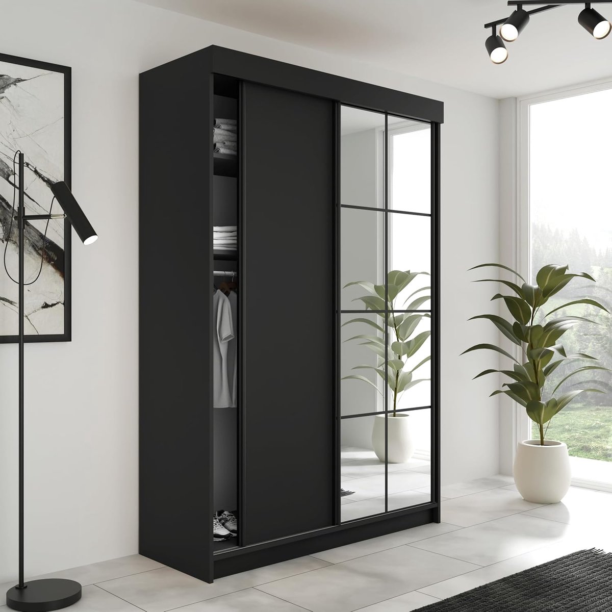 Schuifdeurkast LAMARO 167 x 205 x 59 cm – Moderne Slaapkamer Kledingkast met Spiegel, Aluminium Schuifsysteem en Ruime Opbergruimte – Zwart