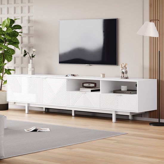 HAUSS SPOLE TV meubel - TV-meubel met 2 Deuren en 2 Lades - Ruim Opbergvak en 5 Standvoeten - Voor woonkamer en eetkamer - 200x40x51 cm - Spaanplaat - Wit
