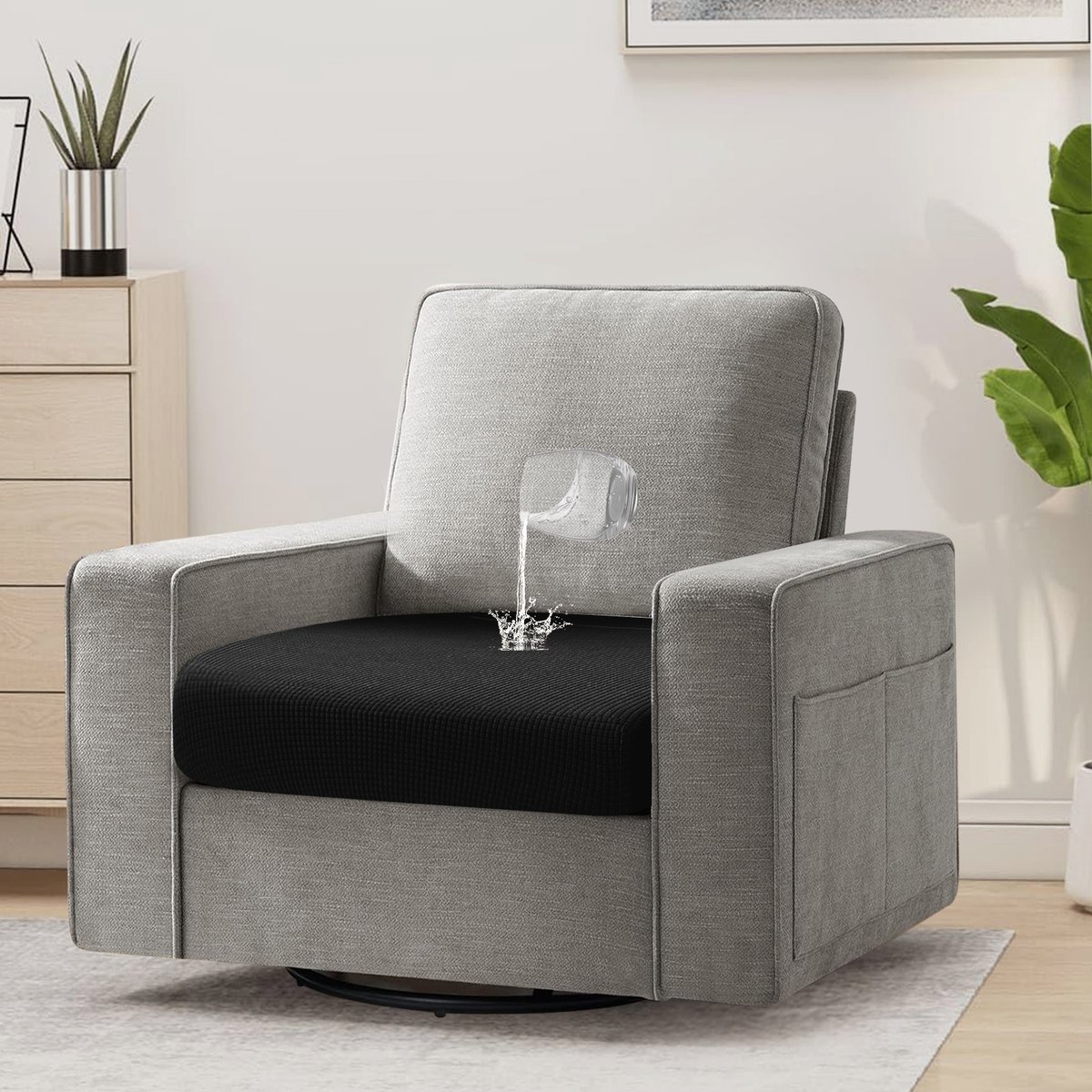 Qelus Bankhoezen, 100% Waterdichte Jacquard Stretch-Zitkussenhoezen Voor 1-Zitsbanken, Rekbare Bankbeschermers, L-Vormige Chaise Longues En Alle Soorten Banken Met Elastische Onderkant (Zwart)