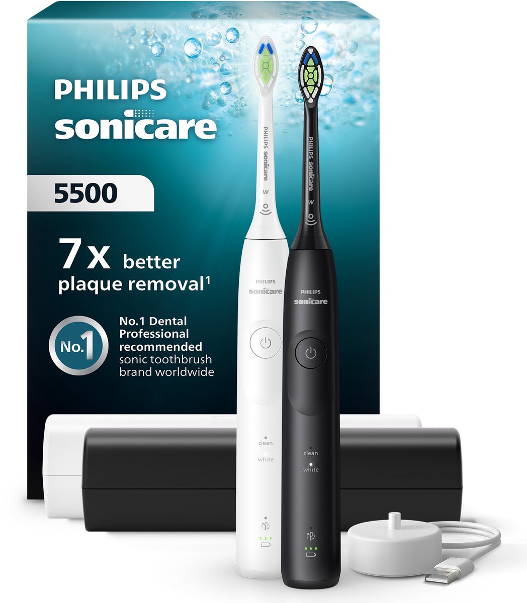 Philips Sonicare 5500 Series - Elektrische Tandenborstels - Wit & Zwart Duopack – 2 Reisetuis - Wittere tanden - HX7119/02