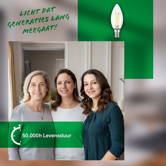 Drie vrouwen glimlachen naar de camera. Een kaarslamp is zichtbaar. Tekst: Licht dat generaties lang meegaat!