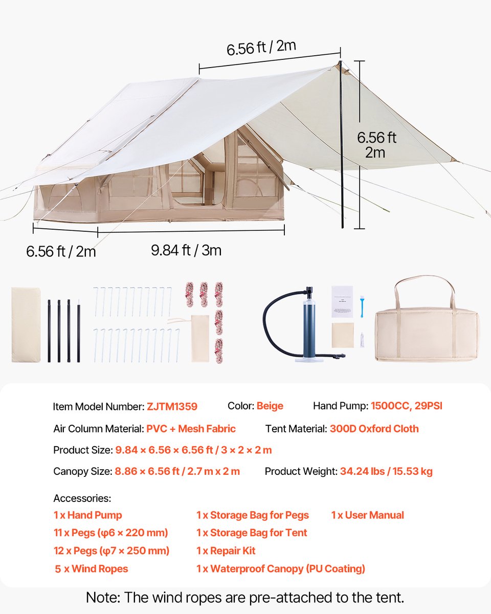 VEVOR Opblaasbare Tent 3-5 Persoons Glamping Tent met Pomp Luifel 3x2x2m – foto 8
