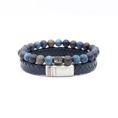 Milez - Armband set mannen - armband heren leer kralen - Donkerblauw - Maat M