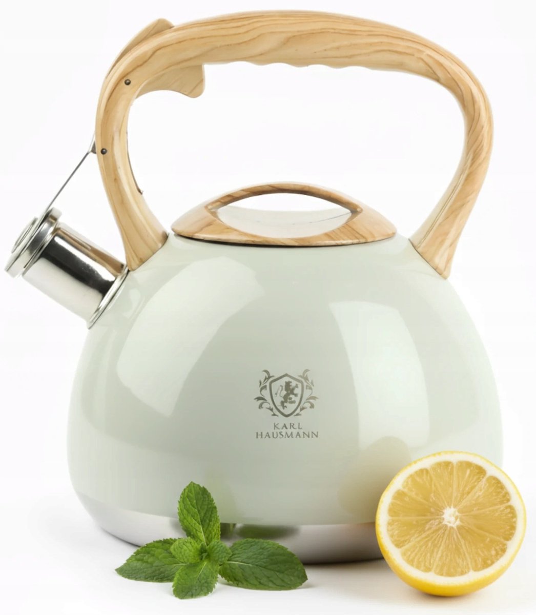Klassieke roestvrijstalen ketel met fluitje, houten handvat, 3L, crème