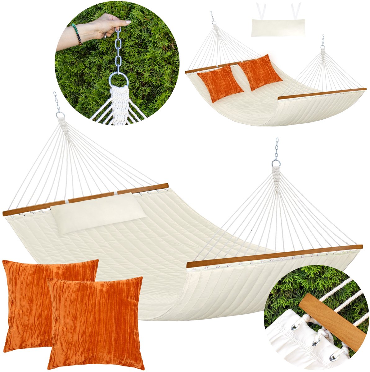 Luxe Tweepersoonshangmat met Houten Spreidstok & Kussen - Beige