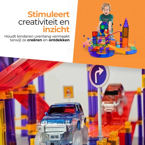 Magna Minds - Magnetic Tiles racebaan - Zelfrijdende auto - Magnetisch Speelgoed – 122 stuks - Constructie speelgoed - Magnetische tegels - Montessori speelgoed - Magnetic toys - Magnetische bouwstenen - Speelgoed Kinderen