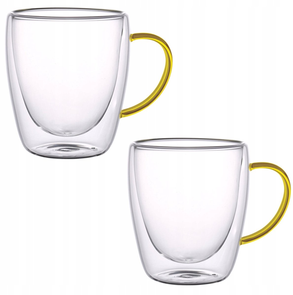 2x Glazen Mokken 300ml Dubbelwandig Borosilicaatglas met Geel Oor