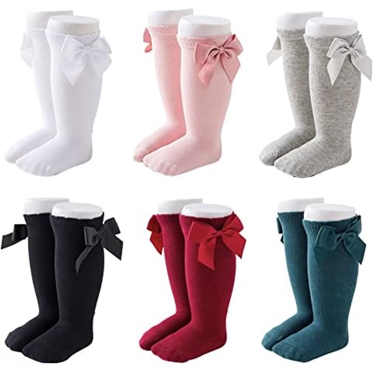 6 paar katoenen kniekousen met strikjes voor babymeisjes - soklengte 11-13 cm, geschikt voor 12 tot 24 maanden