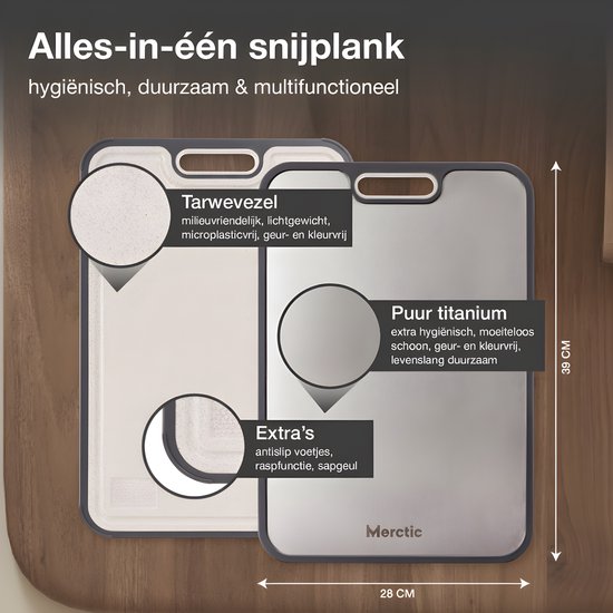 Titanium Snijplank – Dubbelzijdig met Tarwevezel – Metalen Snijplank – Hygiënisch & Roestbestendig - Vermijd Microplastics