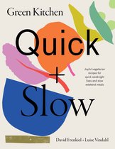 Boek "Green Kitchen Quick & Slow" met abstracte vormen in oranje, blauw en roze.