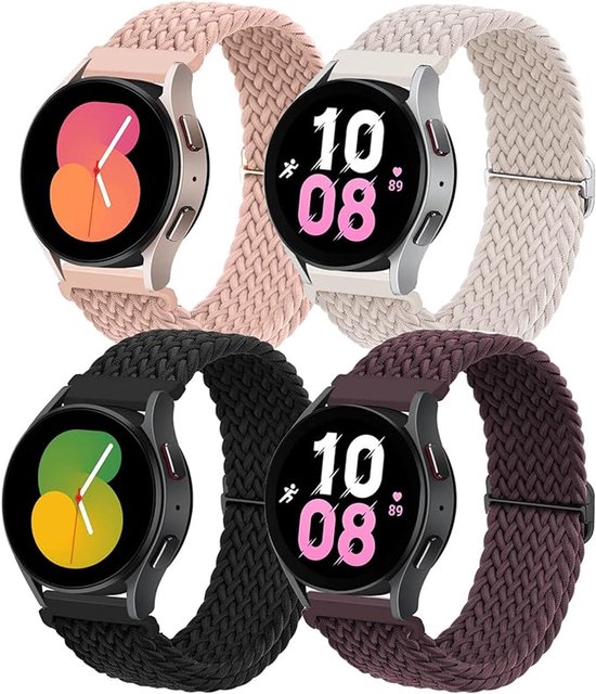Verpakking met 4 gevlochten horlogebandjes van 20 mm, Geschikt voor Samsung Galaxy Watch 7/6/5/4/FE 40 mm/44 mm, Watch 6 Classic 43 mm/47 mm, Watch 5 Pro 45 mm, Watch 4 Classic 42 mm/46 mm (zwart, donkerpaars, beige roze, lichtroze).