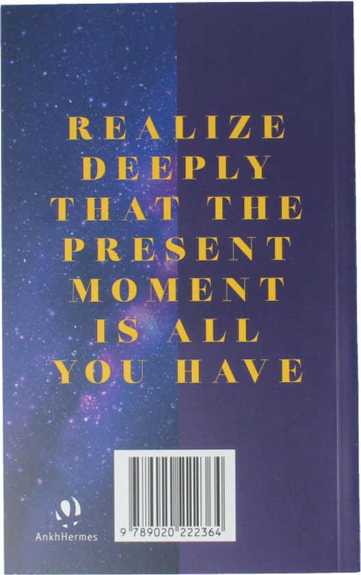 De achterkant van een boek met een paarse achtergrond en een sterrenhemel. De tekst 'REALIZE DEEPLY THAT THE PRESENT MOMENT IS ALL YOU HAVE' staat in gele letters.