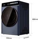 Lave-linge bleu foncé, dimensions 600mm largeur, 577mm profondeur et 850mm hauteur.