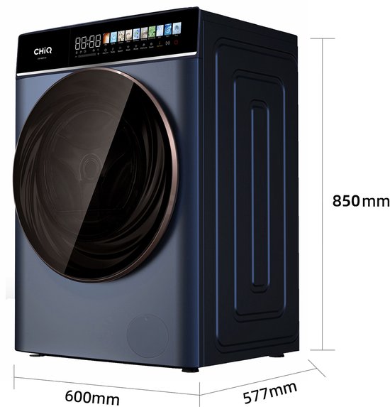 Lave-linge bleu foncé, dimensions 600mm largeur, 577mm profondeur et 850mm hauteur.