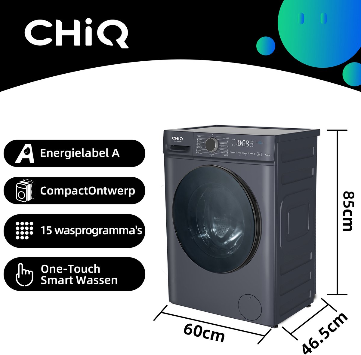 CHiQ CW07123863AX - Wasmachine - 7 KG - Space Pro - 16 programma's - AI Smart - Stoomwassen & Quick Wash - 12 jaar garantie op motor - A — afbeelding 4