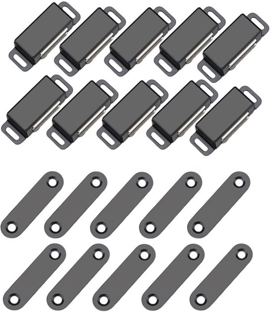 Tien zwarte magnetische deurvangers en tien bijpassende metalen plaatjes gerangschikt op een grijze achtergrond.
