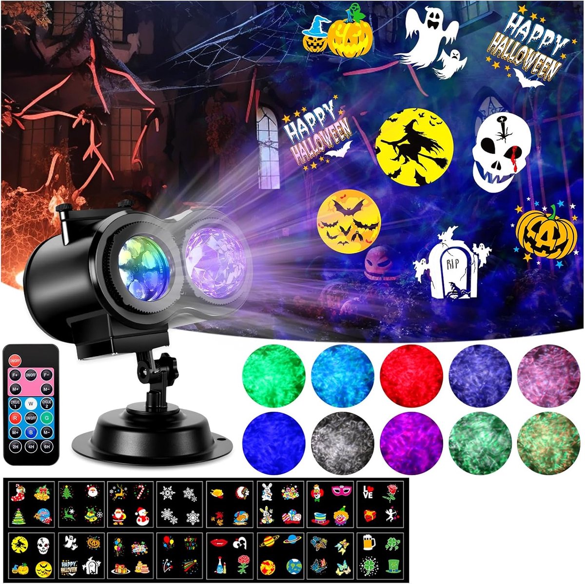 Ynkkvre – Projector Lamp – Kerst – HD Golf Oceaan Effect LED – 16 Slides Patronen – Met Afstandsbediening – Voor Kerst, Nieuwjaar, Verjaardag, Halloween en Thanksgiving Decoratie