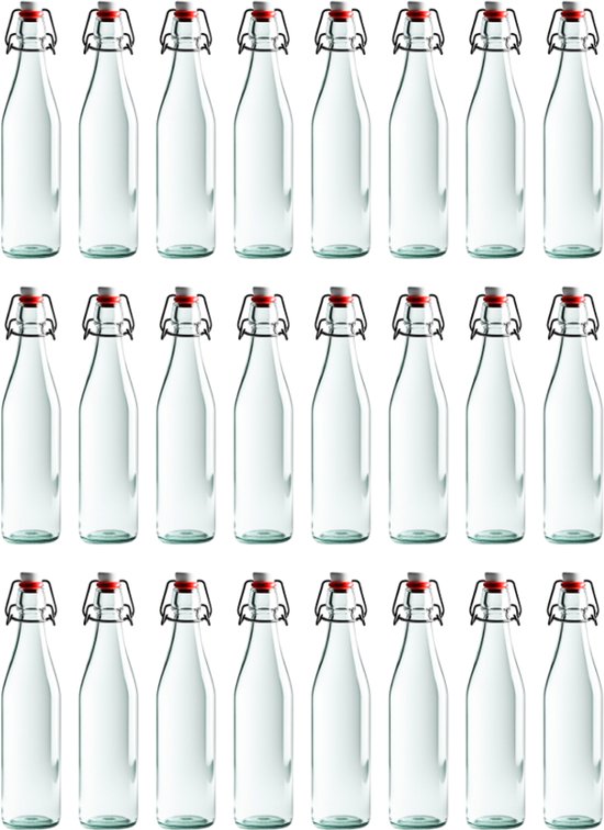 Arrangement van 24 lege glazen flessen met zilverkleurige beugelsluitingen en rode dopjes.
