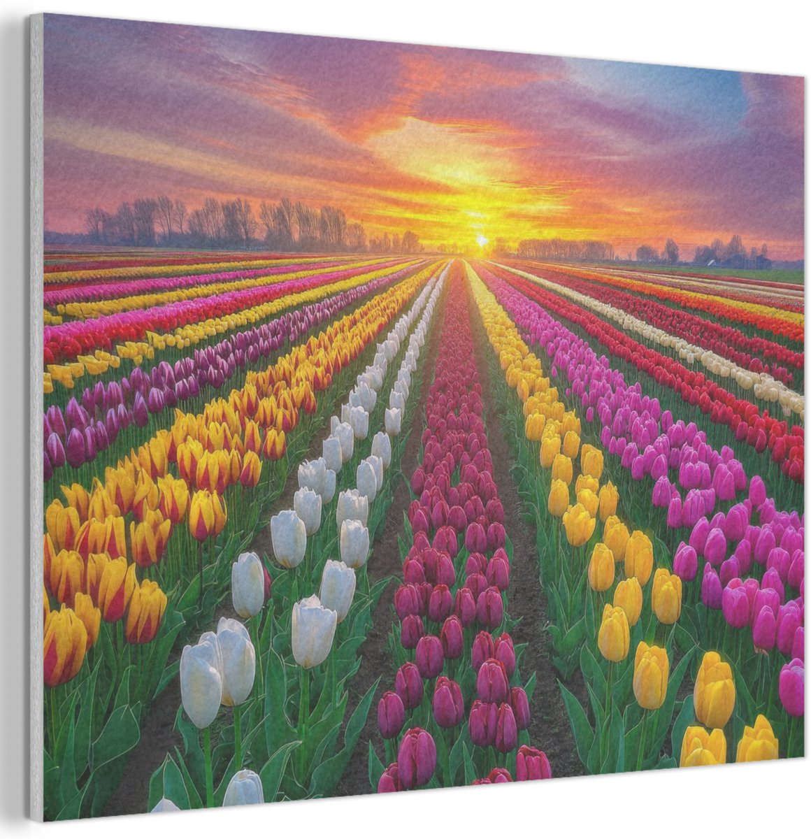 Akoestisch wandpaneel 70x50 cm - Vilt schilderij Tulpenveld - Zonsondergang - Kleurrijk - Akoestische panelen - Geluidsdempende wanddecoratie - Geluidsisolatie woonkamer - Muurdecoratie geluidspanelen
