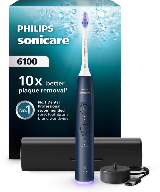 Philips Sonicare 6100 Series – Elektrische Tandenborstel – Blauw - Reisetui - Gevoelige tanden - HX7403/05