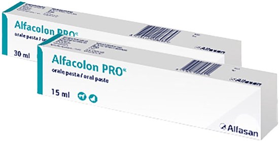 Twee dozen van Alfacon PRO orale pasta, 30 ml en 15 ml, in witte verpakking met blauwe en groene accenten.