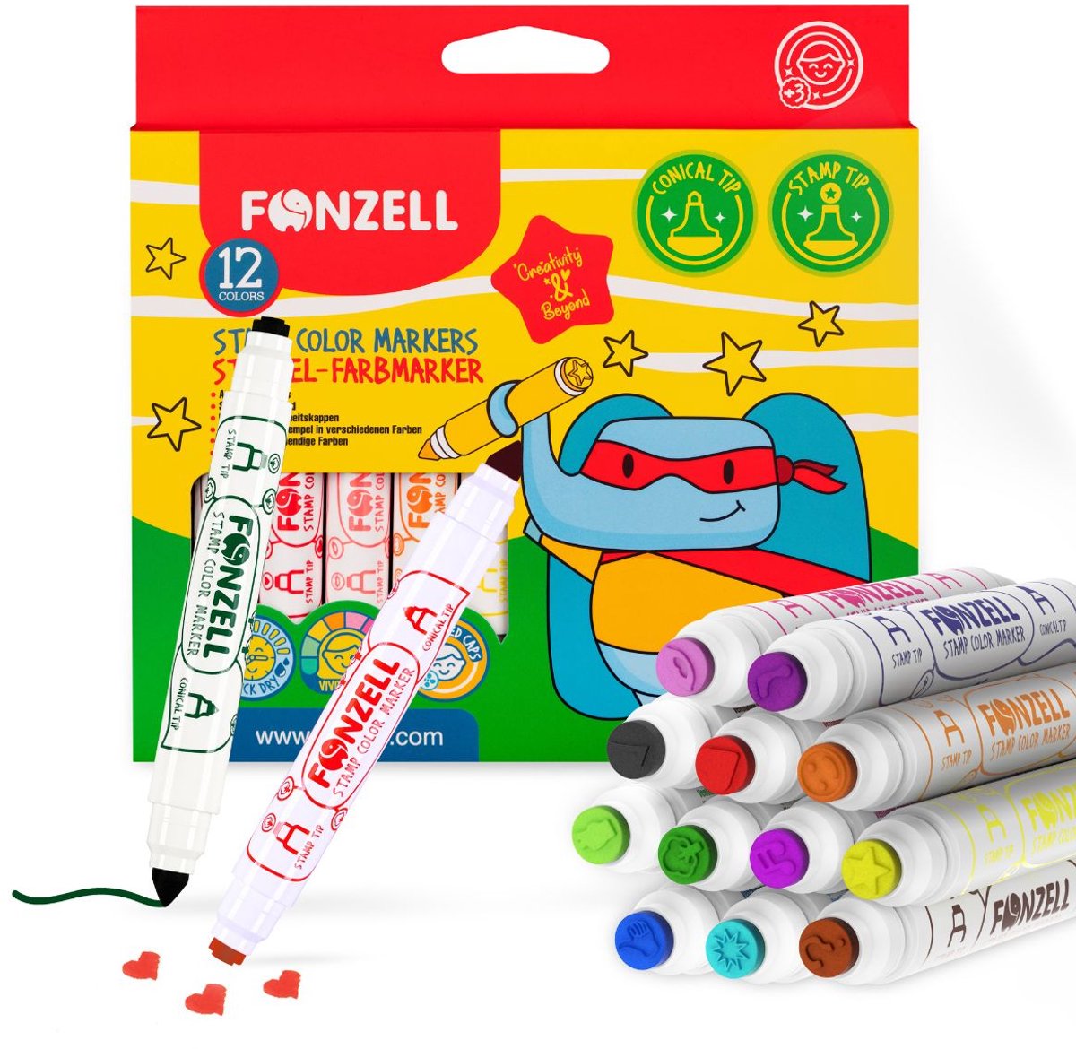 Fonzell Stempelstiften - 12 Kleuren - Twinmarkers - Dubbele Punt met Stempel & Tekentip