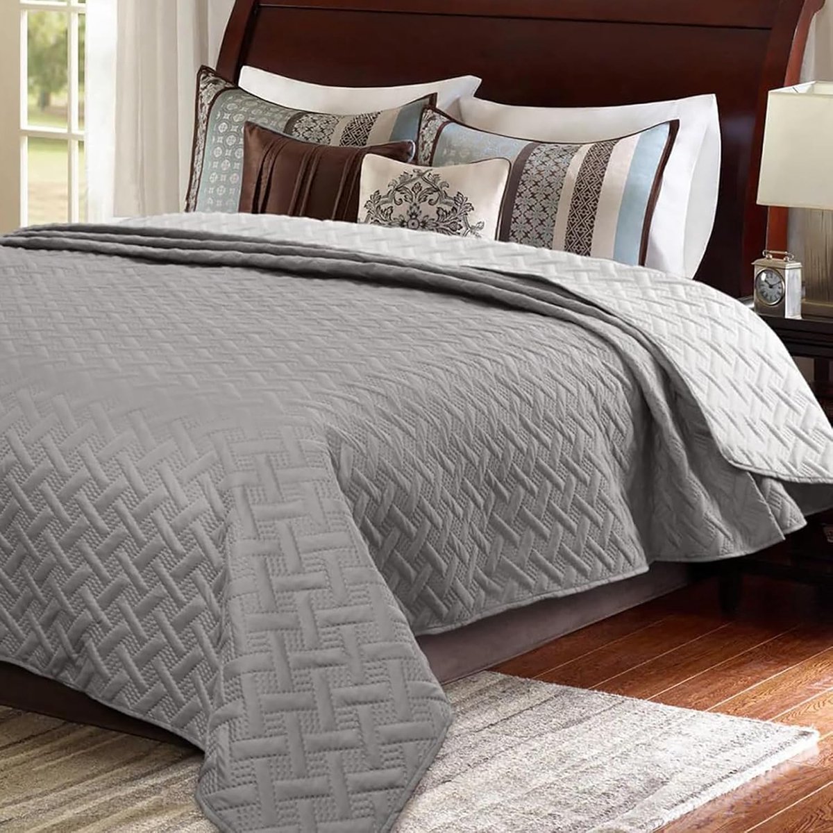Famanu Sprei 240x260 cm donkergrijs, omkeerbare bedsprei met geometrisch patchworkpatroon Donkergrijs Lichtgrijze