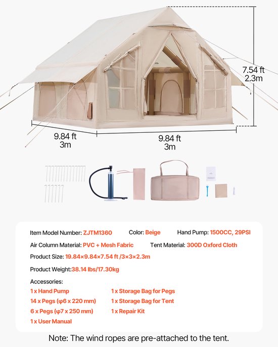 VEVOR Opblaasbare Kampeertent 4-6 Persoons Glamping Tent met Pomp 3x3x2.3m van Vevor — afbeelding 5