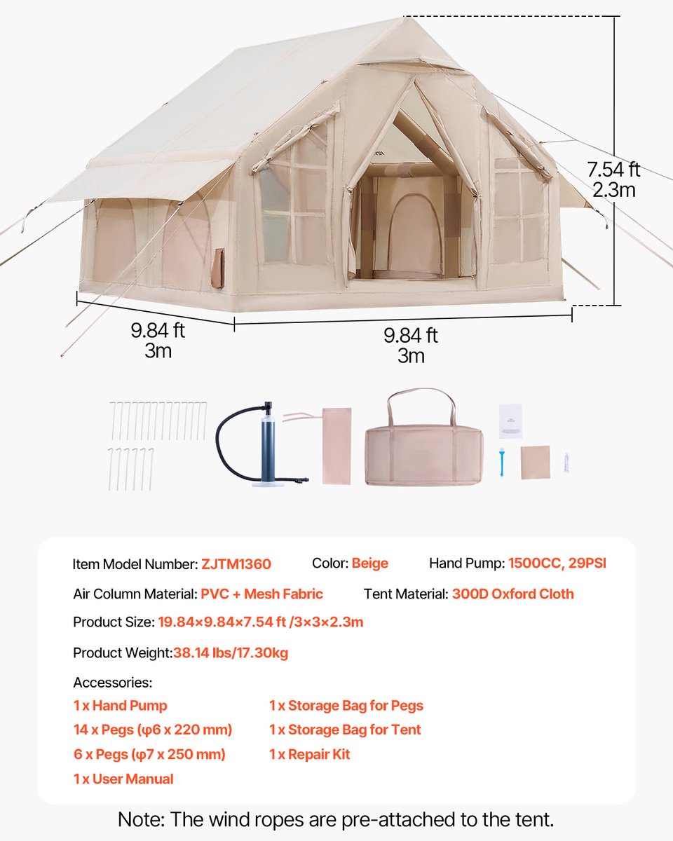 VEVOR Opblaasbare Kampeertent 4-6 Persoons Glamping Tent met Pomp 3x3x2.3m – foto 5