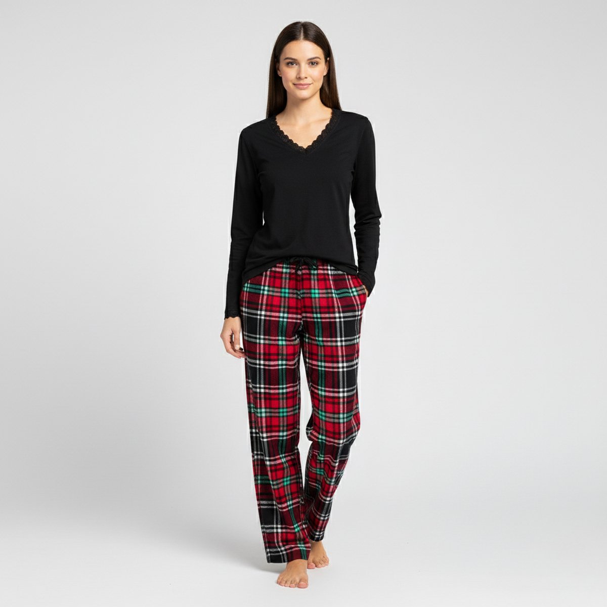 La V La-V pyjamaset voor dames met geruite flanel broek en V hals met kant contrast Zwart/Rood