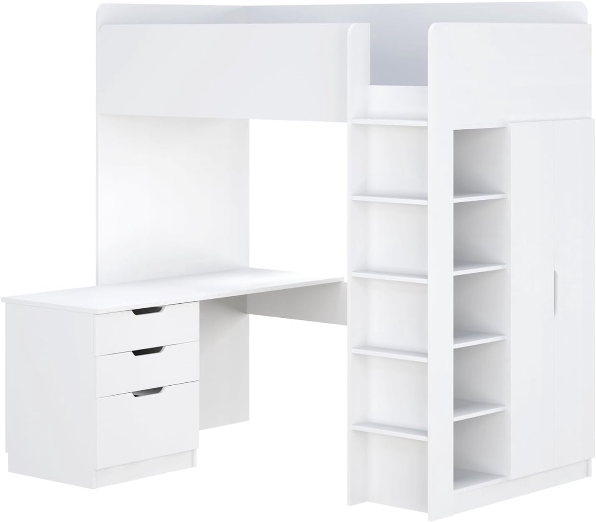 Kinderhoogslaper 5-in-1 met Bureau, Trap, Kledingkast en Plank – Ruimtebesparend Multifunctioneel Meubel 206x108x200 cm – Wit
