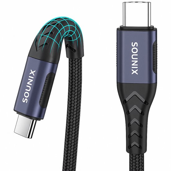 Sounix USB C kabel met E-marker - USB C 3.2 Gen 2 - 20Gbps datakabel - 5A100W Snellader - 2 Meter - Oplaadkabel - Geschikt voor Samsung, Macbook, iPhone 15 - Nylon - Zwart