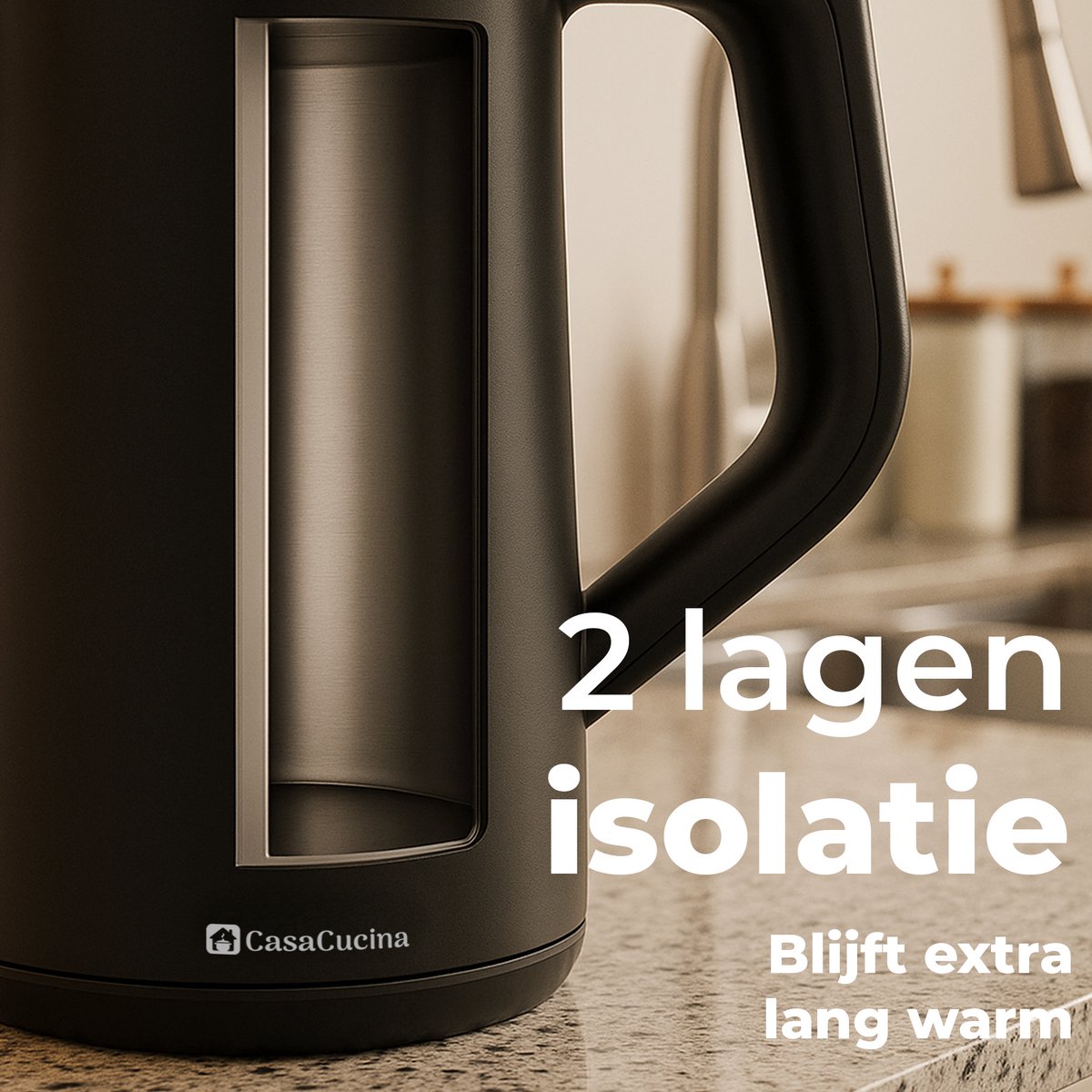 CasaCucina Waterkoker Dubbelwandig - 2200W - Elektrisch - 1.7L - Retro - Met LED - RVS - Cool-touch - Zwart — afbeelding 4