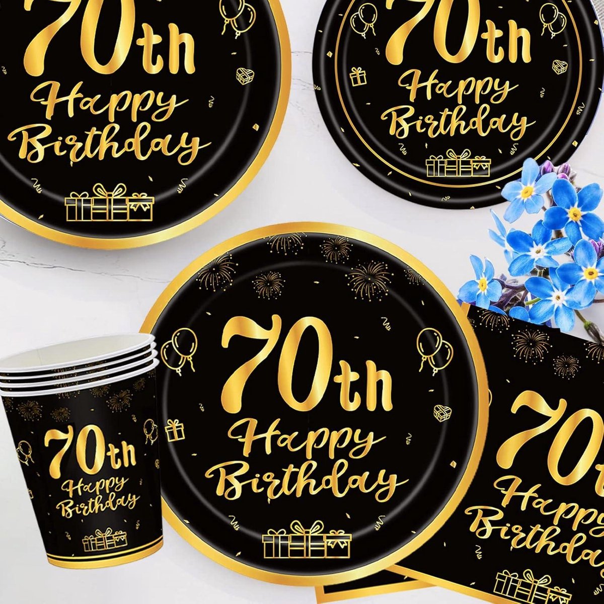 JHubers Goods - Papieren feestborden voor 70e verjaardag, 23 cm, zwart / goud, 16 stuks - Happy 70th Birthday decoraties, tafeldecoratie.