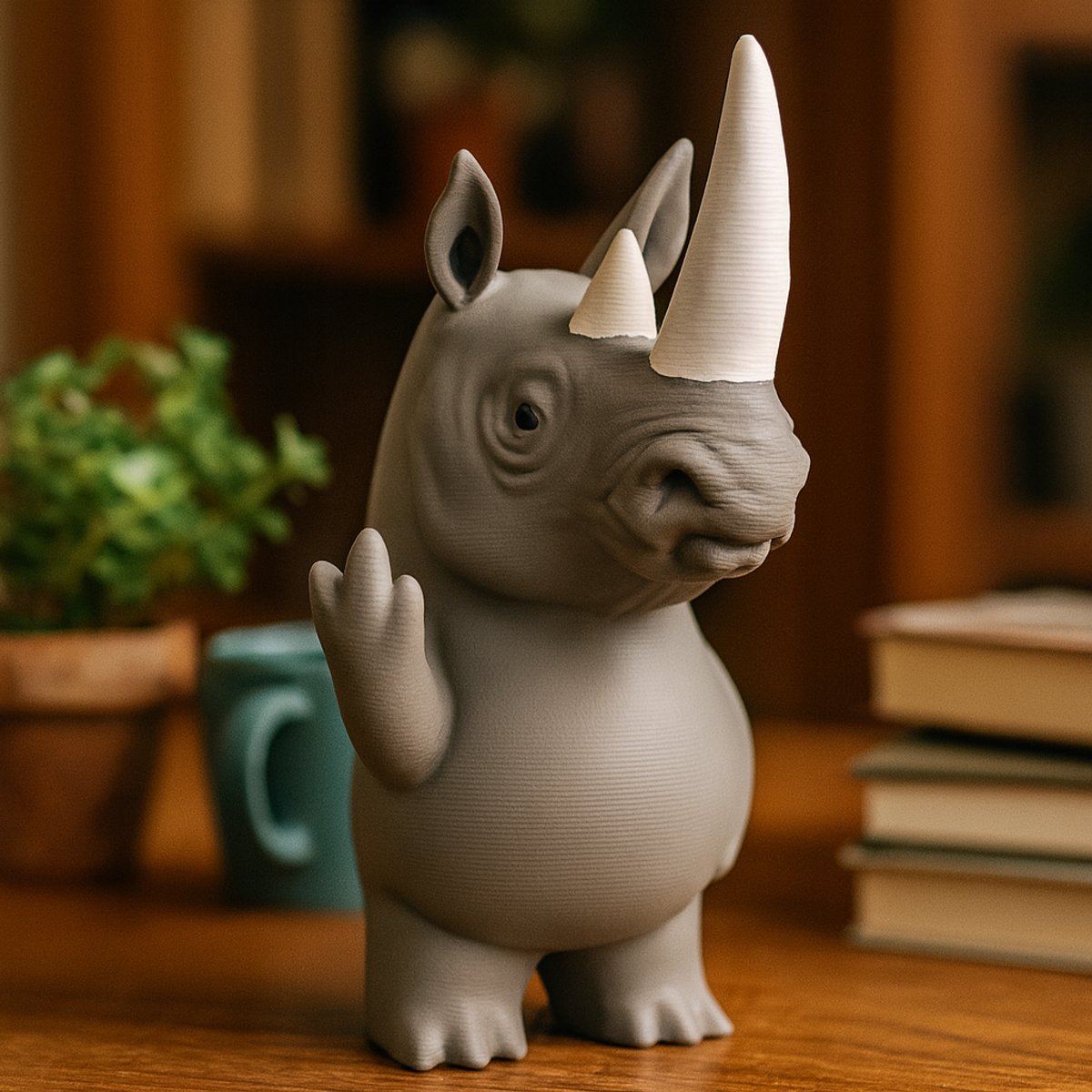 AnimalsAttitude – Middelgrote Neushoorn Figurine met Middelvinger – 3D-geprint PLA Beeldje – Humorous Home Accessory