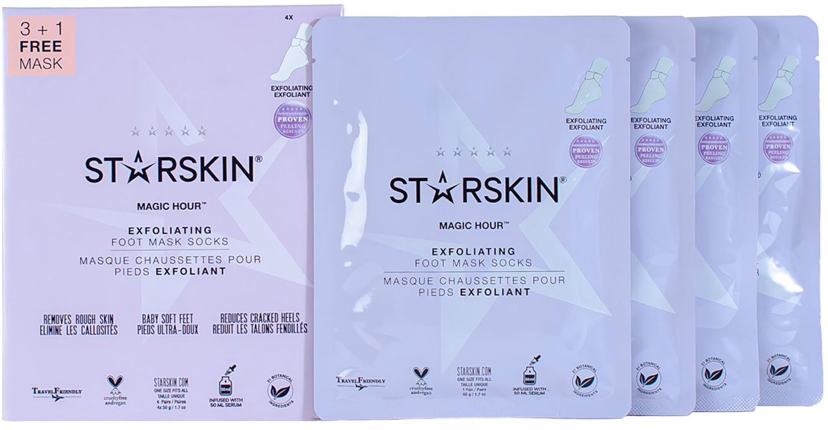 STARSKIN® Magic Hour (3 + 1) – Voetmaskersokken / Voetmasker – Exfoliërend & Eeltverwijderend – Korean Skincare voor alle huidtypen met Melkzuur, Glycolzuur & Plantaardige Extracten – Verwijdert Dode Huid