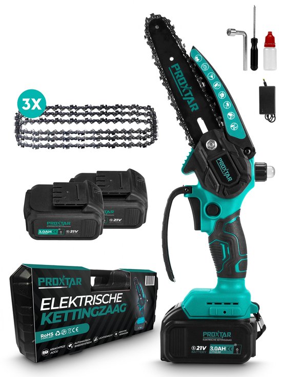 Mini tronçonneuse ProXtar - Tronçonneuse - Scie d'élagage - Scie à branches - Scie à main - Comprend un étui de rangement, 2 Batteries et 3 Colliers - Lubrification automatique de la chaîne - Sans balais
