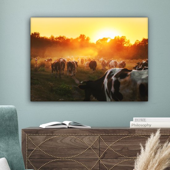 Tableau toile vache - Vache - Animaux - Nature - Coucher de soleil - Arbres - 80x60 cm - Toile - Décoration murale